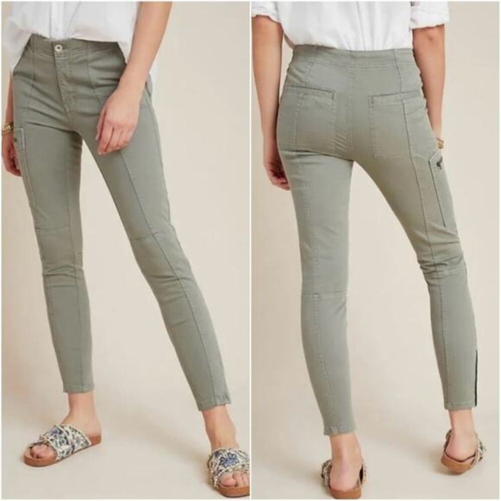 Anthropologie Jefferson Moto Cargo Pants Sz 32 14 Womens Green Ankle Zip Stretch